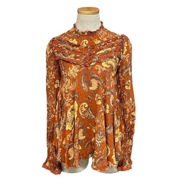 Spell & The Gypsy Blouse Women's XS Aurora Orange Floral Long Sleeve Ruffles - Picture 1 of 16